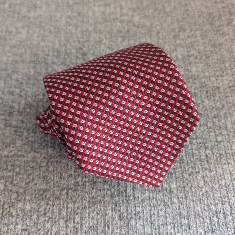 Nicole Miller Silk Tie, Red/White/Burgundy Geometric Square/Diamond Pattern